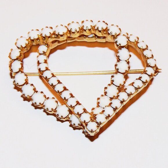 Vintage Milk Glass Stones Two Hearts Shape Brooch - Picture 1 of 4